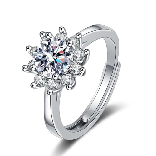 Grewod Hochzeit Schmuck, Damen Weiß Gold 14 Karat 585 Verstellbar Blume Weiß Rund Moissanit Eheringe Ring Größe 60 (19.1) von Grewod