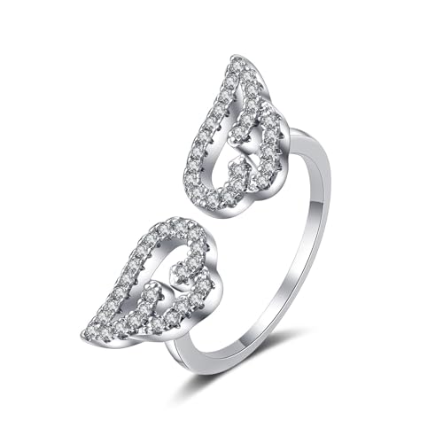 Grewod Hochzeit Schmuck, Damen Weiß Gold 585 14 Karat Offen Flügel Weiß Rund Moissanit Ringe Größe 48 (15.3) von Grewod