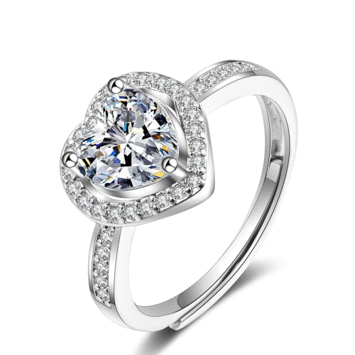 Grewod Hochzeit Schmuck, Damen Weißgold 18K Verstellbar Elegant Weiß Herz Moissanit Mode Ring Größe 49 (15.6) von Grewod