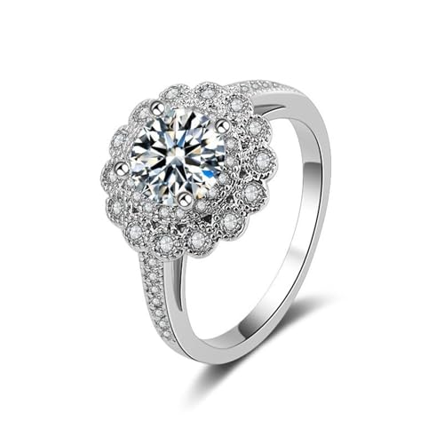 Grewod Hochzeit Schmuck, Damen Weißgold 585 14 Karat Blumen Weiß Rund Labor Erstellt Diamant Eheringe und Verlobungsringe Ring Größe 56 (17.8) von Grewod