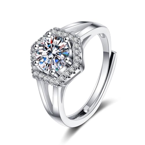 Grewod Hochzeit Schmuck, Damen Weißgold 750 18K Verstellbar Sechseck Weiß Rund Moissanit Ringe Verlobungsringe Größe 54 (17.2) von Grewod