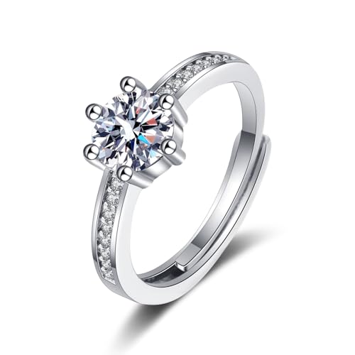 Grewod Hochzeitsringe, Damen 18 Karat Weiß Gold 750 Verstellbar 6 Zacken Weiß Rund Moissanit Ringe Eheringe Größe 53 (16.9) von Grewod