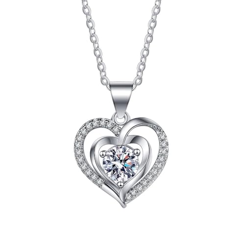 Grewod Kette Anhänger, Damen Weißgold 9K 375 Klassisch Doppel Herz Weiß Rund Labor Erstellt Diamant Halskette 40+5 cm von Grewod
