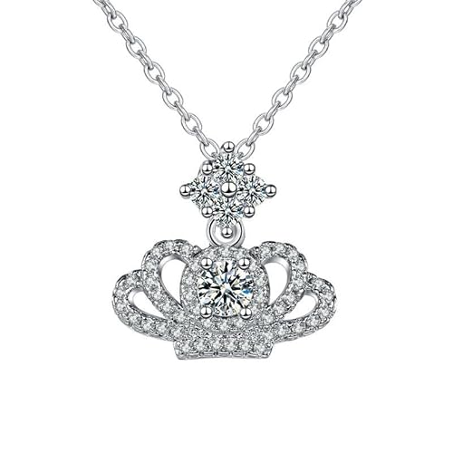 Grewod Kette mit Anhänger Damen, 18 Karat Weiß Gold 750 Klassische Krone Weiß Rund Labor Erstellt Diamant Halskette 40+5 cm von Grewod