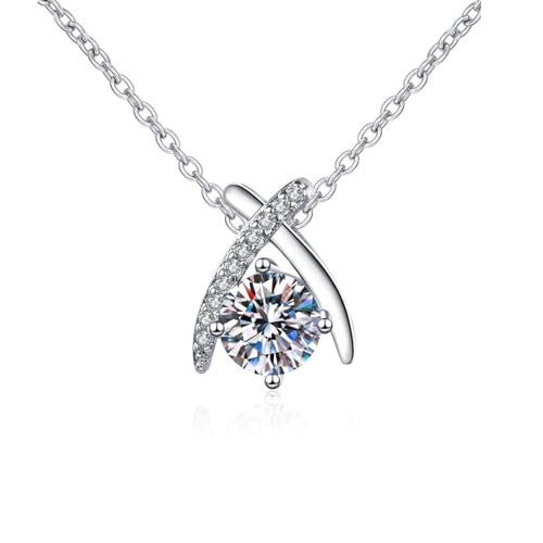 Grewod Ketten Anhänger, Damen 9 Karat Weiß Gold Schlicht Weiß Rund Labor Erstellt Diamant Halskette 40+5 cm von Grewod