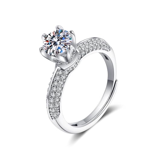 Grewod Mode Ring, Damen 14K Weiß Gold 6 Zacken Verstellbar Weiß Rund Labor Erstellt Diamant Verlobungsring Ehering Größe 58 (18.5) von Grewod