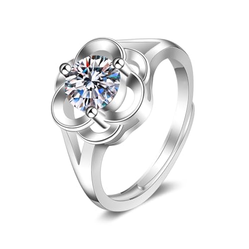 Grewod Mode Ring, Damen 9 Karat 375 Weiß Gold Verstellbar Hohl Blume 1ct 6.5mm Weiß Rund Labor Erstellt Diamant Ringe Eheringe Größe 63 (20.1) von Grewod