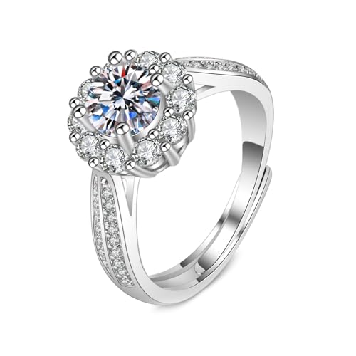 Grewod Mode Ring, Damen Weiß Gold 585 14K Verstellbar Blume 4 Zacken 1ct Weiß Rund Labor Erstellt Diamant Hochzeitsringe Trauringe Eheringe Größe 54 (17.2) von Grewod