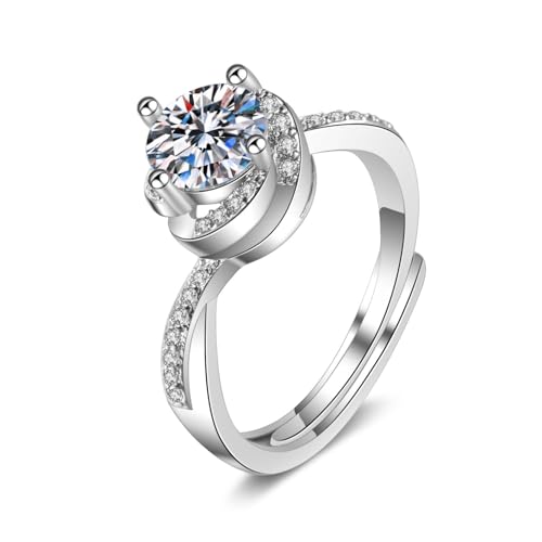 Grewod Mode Ringe, Damen 14 Karat Weiß Gold 585 Verstellbar Gedrehte Blume 4 Zacken 1ct 6.5mm Weiß Rund Labor Erstellt Diamant Eheringe Verlobungsringe Gr. 47 (15.0) von Grewod