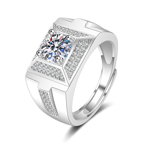 Grewod Mode Ringe, Herren 9 Karat 375 Weißgold Breit Weiß Rund Moissanit Verlobungsringe Größe 72 (22.9) von Grewod