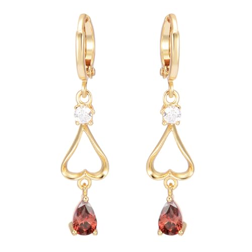 Grewod Modeschmuck Ohrringe, Damen Gelbgold 9 Karat Herz und Tropfen Rot Labor Erstellt Rubin mit Moissanit Ohrhänger von Grewod