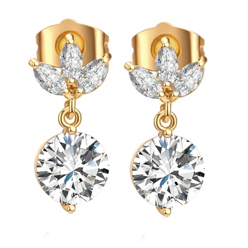 Grewod Modeschmuck Ohrringe Nickelfrei, Damen 14K 585 Gold Blatt Weiß Rund Moissanit Ohrstecker von Grewod