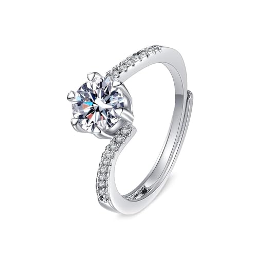 Grewod Modeschmuck Ringe, Damen 14K 585 Weiß Gold Verstellbar Gedreht 6 Zacken 1ct 6.5mm Weiß Rund Labor Erstellt Diamant Verlobungsringe Schlicht Gr. 62 (19.7) von Grewod
