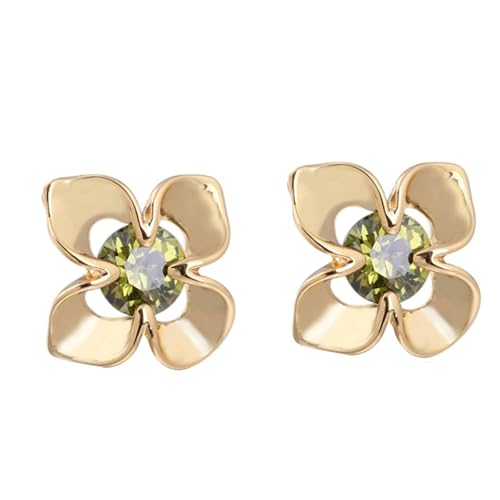 Grewod Nickelfreie Ohrringe, Damen Gelbgold 18K 750 Blumen Grün Rund Granat Ohrstecker Schmuck von Grewod