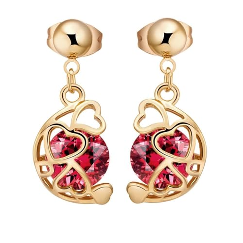 Grewod Nickelfreie Ohrringe, Damen Gelbgold 585 14K Hohl Herz Rot Rund Labor Erstellt Rubin Ohrhänger von Grewod