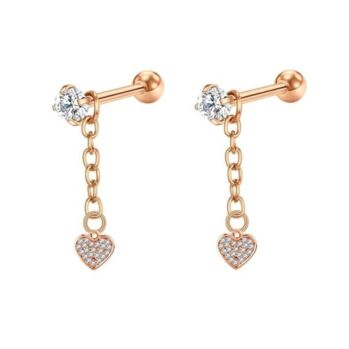 Grewod Nickelfreie Ohrringe, Damen Rotgold 18 Karat Kette mit Herz Weiß Rund Moissanit Ohrhänger von Grewod