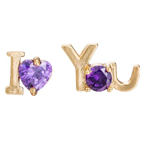 Grewod Nickelfreie Ohrringe Damen, Gold 18K 750 "I Love You" Lila Herz Amethyst Ohrstecker Schmuck von Grewod