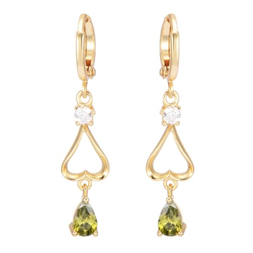 Grewod Ohrring Damen 9K Gold Herz und Tropfen Grün Granat mit Moissanit Ohrhänger Nickelfrei Schmuck von Grewod