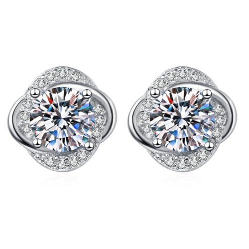 Grewod Ohrring Damen Weißgold 18 Karat 750 Kleeblatt Weiß Rund Moissanit Ohrstecker Nickelfrei Schmuck von Grewod
