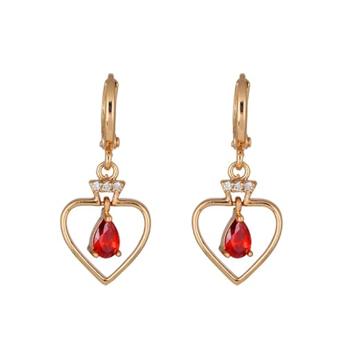 Grewod Ohrringe Damen, 14K 585 Gold Herz mit Tropfen Rot Labor Erstellt Rubin mit Moissanit Ohrhänger von Grewod
