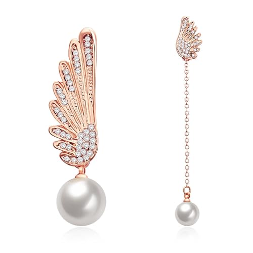 Grewod Ohrringe Damen, 18K 750 Rosegold Asymmetrische Flügel Weiß Rund Perle mit Diamant Ohrhänger von Grewod