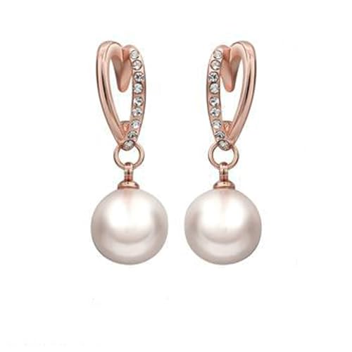 Grewod Ohrringe Damen 9 Karat 375 Rose Gold Herz mit Hängend Weiß Rund Perle mit Diamant Ohrhänger von Grewod