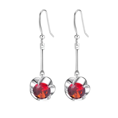 Grewod Ohrringe Damen Weiß Gold 14 Karat Blumen Rot Rund Labor Erstellt Rubin Ohrhänger Schmuck von Grewod