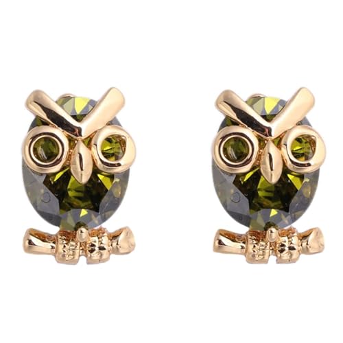Grewod Ohrringe Frau, Gold 9 Karat Eule Grün Oval Granat Edelstein Ohrstecker Nickelfrei Ohrschmuck von Grewod