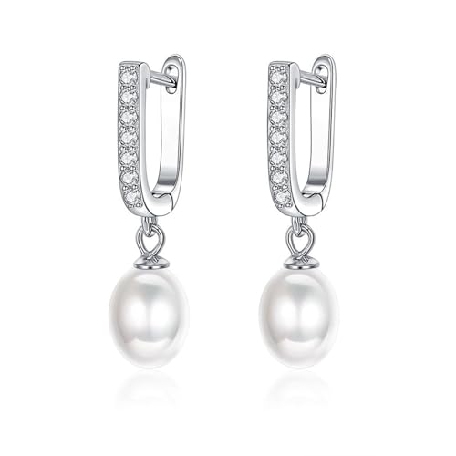Grewod Ohrringe Frauen, 14 Karat 585 Weißgold Elegant Weiß Rund Perle mit Moissanit Ohrhänger Schmuck von Grewod