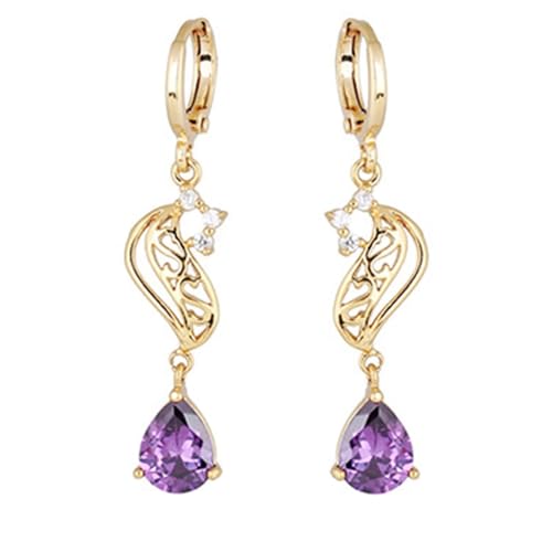 Grewod Ohrringe Frauen, 9K 375 Gold Creolen und Tropfen Lila Amethyst mit Moissanit Ohrhänger von Grewod