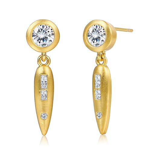 Grewod Ohrringe Gold 585, Damen Hängend Weiß Rund Moissanit Edelstein Ohrstecker Nickelfrei Ohrschmuck von Grewod