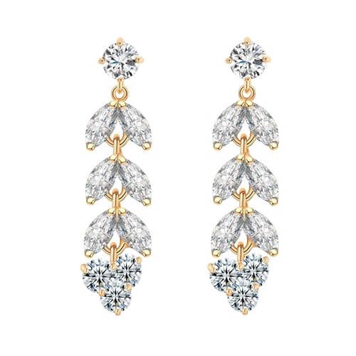 Grewod Ohrringe Hängend, Damen Gelbgold 9 Karat Blatt Weiß Marquise Moissanit Ohrhänger Schmuck von Grewod