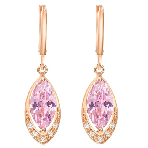 Grewod Ohrringe Hängend Modeschmuck, Damen 18K 750 Gold Oval Rosa Marquise Kristall mit Moissanit Ohrhänger von Grewod