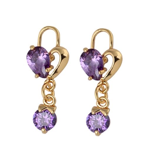 Grewod Ohrringe Hängend Modeschmuck, Damen 9 Karat 375 Gold Tropfen und Rund Lila Amethyst Ohrhänger von Grewod