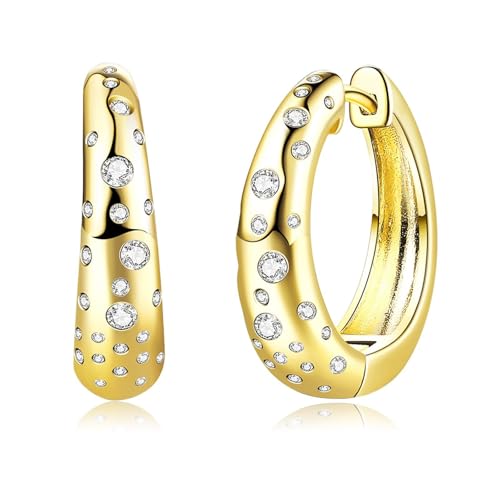 Grewod Ohrringe Modern, Damen Gelbgold 18K Retro Weiß Rund Diamant Creolen Nickelfrei Ohrschmuck von Grewod