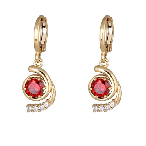 Grewod Ohrringe Modeschmuck, Damen Gelbgold 585 14 Karat Schlicht Design Rot Rund Labor Erstellt Rubin mit Moissanit Ohrhänger von Grewod