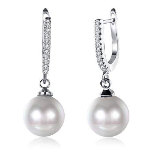 Grewod Ohrringe Modeschmuck, Damen Weißgold 14 Karat Elegant Weiß Rund Perle mit Diamant Ohrhänger von Grewod