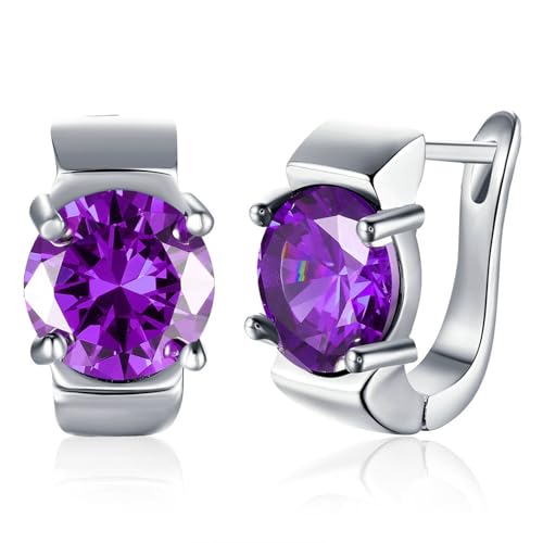 Grewod Ohrringe Modeschmuck, Damen Weißgold 9K Schlicht Lila Rund Amethyst Creolen Nickelfrei Schmuck von Grewod