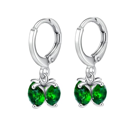 Grewod Ohrringe Modeschmuck Hängend, Damen 9K Weißgold 375 Elegant Grün Rund Granat Ohrhänger von Grewod