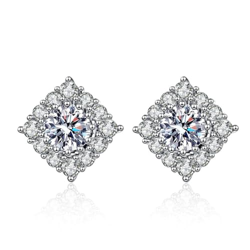 Grewod Ohrringe Modeschmuck Nickelfrei, Damen Weißgold 14 Karat 585 Raute Weiß Rund Moissanit Ohrstecker von Grewod