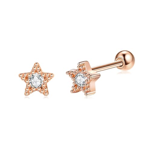 Grewod Ohrringe Nickelfrei, Damen 14K Rose Gold Stern Weiß Rund Diamant Ohrstecker Nickelfrei Schmuck von Grewod