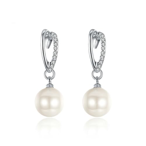 Grewod Ohrringe Nickelfrei, Damen 18K Weißgold 750 Herz mit Hängend Weiß Rund Perle mit Diamant Ohrhänger von Grewod