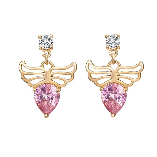 Grewod Ohrringe Nickelfrei, Damen 9 Karat Gold Flügel Rosa Kristall mit Moissanit Ohrstecker Schmuck von Grewod