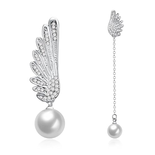Grewod Ohrringe Nickelfrei Damen, Weiß Gold 18K 750 Asymmetrische Flügel Weiß Rund Perle mit Diamant Ohrhänger von Grewod