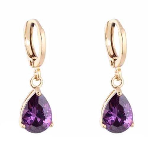 Grewod Ohrringe Schmuck, Damen 14K Gelbgold 585 Creolen und Tropfen Lila Amethyst Ohrhänger Schmuck von Grewod