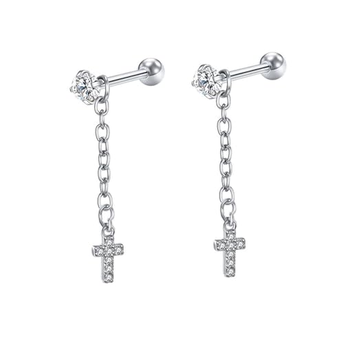 Grewod Ohrringe Schmuck, Damen 14K Weißgold 585 Kette mit Kreuz Weiß Rund Moissanit Ohrhänger von Grewod