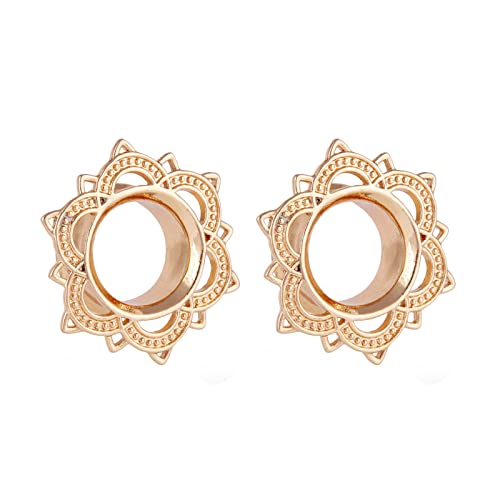 Grewod Ohrringe Tunnel, Edelstahl Gold mit Vintage Blume Damen Flesh Tunnel Ohr Plug Ohr Expander Piercing Schmuck 14MM, 1 Paar von Grewod