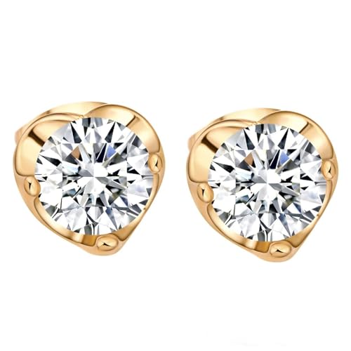 Grewod Ohrstecker Modeschmuck, Damen Gelbgold 585 14 Karat Schlicht Weiß Rund Moissanit Ohrringe von Grewod