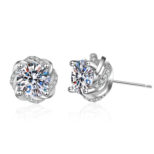 Grewod Ohrstecker Modeschmuck, Damen Weißgold 9 Karat 375 Blumen Weiß Rund Moissanit Ohrringe von Grewod