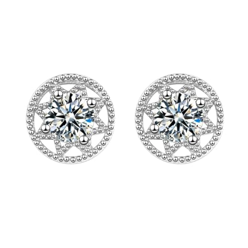 Grewod Ohrstecker Nickelfrei, Damen Weiß Gold 750 18K Blumen Kreis Weiß Rund Moissanit Ohrringe von Grewod